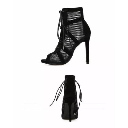 Black Lace-Up Mesh High Heels