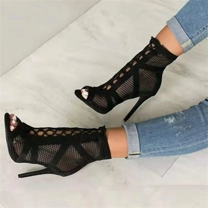 Black Lace-Up Mesh High Heels