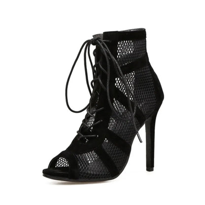 Black Lace-Up Mesh High Heels