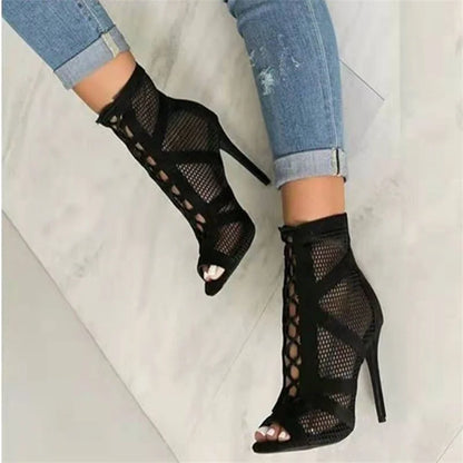 Black Lace-Up Mesh High Heels